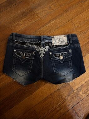 Raw Blue Dark Wash Embellished Denim Jean Shorts